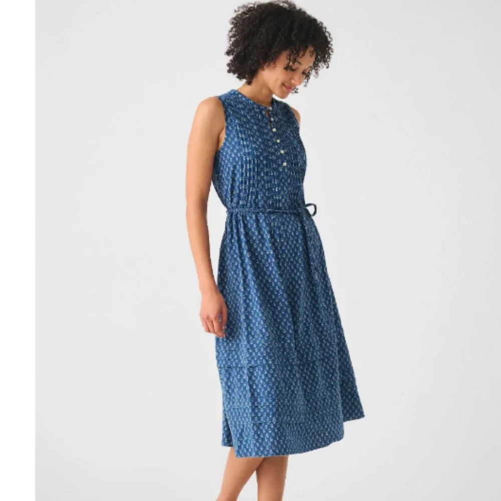 Faherty Isha Midi Dress Gobi Floral shell buttons Blue Women Small New with Tags